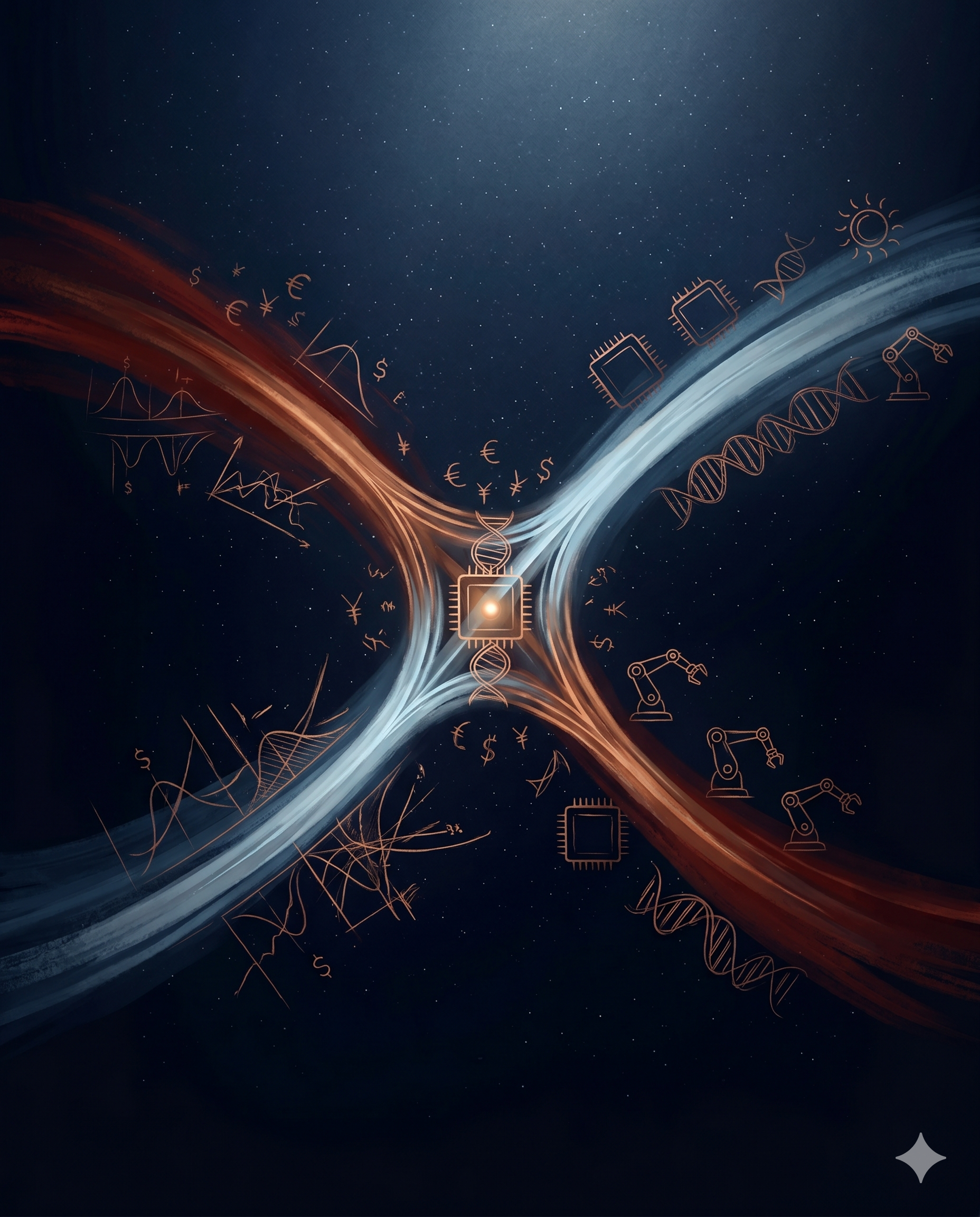 Two opposing forces — Reckoning and Abundance — crossing at the center